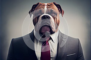 Isolated portrait of a bulldog in a man\'s body wearing a suit and tie