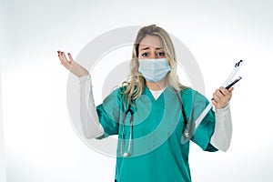 Isolated portrait of depressed and tired female Doctor Nurse Wearing Protective Medical Face Mask