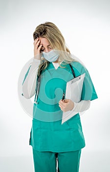 Isolated portrait of depressed and tired female Doctor Nurse Wearing Protective Medical Face Mask