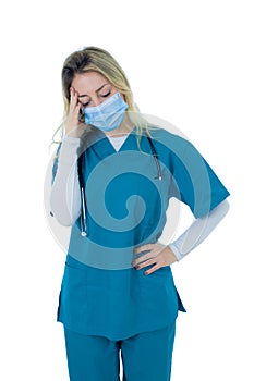 Isolated portrait of depressed and tired female Doctor Nurse Wearing Protective Medical Face Mask