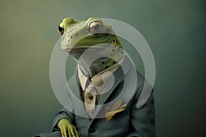 Isolated portrait of a frog in a man's body wearing a suit and tie