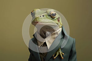 Isolated portrait of a frog in a man's body wearing a suit and tie