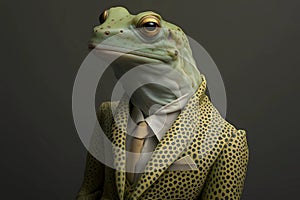 Isolated portrait of a frog in a man's body wearing a suit and tie