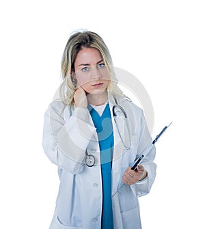 Isolated portrait of frustrated and tired female Doctor Nurse Wearing white coat hospital uniform