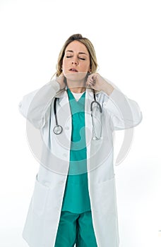 Isolated portrait of frustrated and tired female Doctor Nurse Wearing white coat hospital uniform