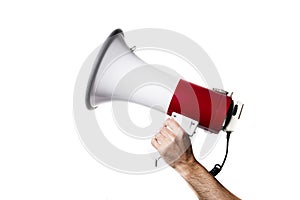 Isolated portrait of a hand holding a megaphone