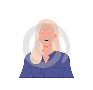 Isolated portrait of happy emotional young woman cartoon character laughing loudly on white