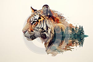 Isolated portrait of a majestic tiger head and rich forest on a clean background., using the double exposure picture technique,.