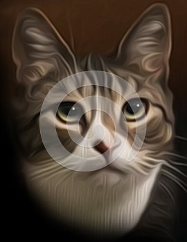 Isolated Portrait Painting of a Gray, Brown and White Tabby Cat