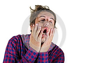 Isolated portrait  of 30s or 40s desperate and stressed white man acting crazy worried and frustrated suffering anxiety crisis and