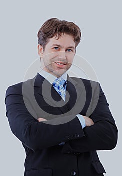 Isolated portrait of a senior executive businessman. Cheerful and in a suit.