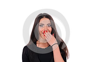Isolated portrait shot of a beautiful caucasian woman happy and surprised