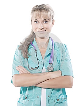 Isolated portrait smiling female doctor with crossed hand