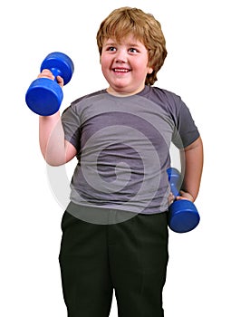 Isolated portrait of smiling kid exercising with dumbbells