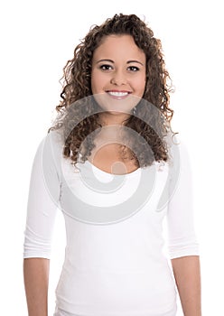 Isolated portrait: smiling young woman or girl in white with cur