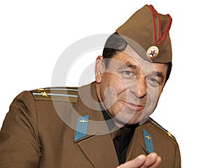 Isolated portrait on a white background of an officer lieutenant colonel of the Soviet army in a soldier\'s cap, humor