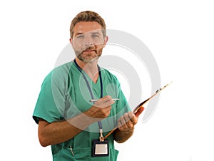 Isolated portrait of young attractive and happy medicine doctor or nurse man holding clipboard medical paperwork on white