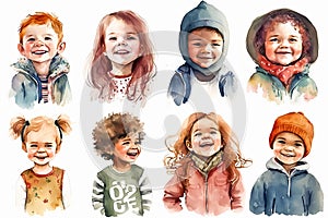 Isolated portraits of a happy children on the white background. Set of cartoon cheerful kids. Watercolor illustration