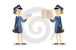 Isolated postwomen with parcel.