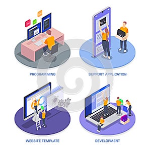 Isolated programming coding development isometric icon set with programming support application website template and development