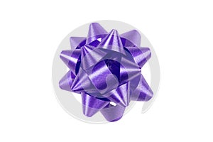 Isolated purple gift wrap bow top view on white background