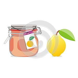 Isolated quince jam jar and fruit