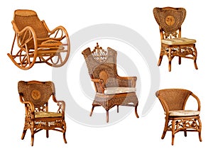 Isolated rattan armchairs and rocking chair