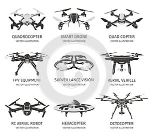 Isolated rc drone logo collection on white. UAV technology logotype set. Unmanned aerial vehicle icons. Remote control