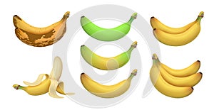 Isolated realistic banana. Tropical bananas, exotic fruits. Ripeness levels from green underripe to brown rotten