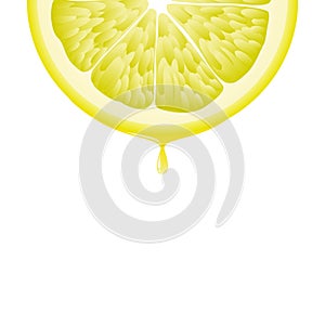 Isolated realistic colored half circle slice of yellow color juicy lemon with drop of juice on white background.