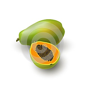 Isolated realistic colored papaya, pawpaw, paw paw half with seeds and whole juicy fruit with shadow on white background.