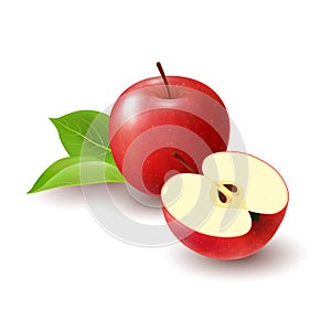 Isolated realistic colored red half apple and whole juicy fruit with green leaves and shadow on white background.