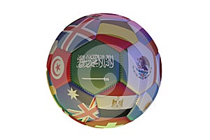 Isolated realistic football with flags of countries participating in the World Cup 2018, in the center of Saudi Arabia, Egypt,