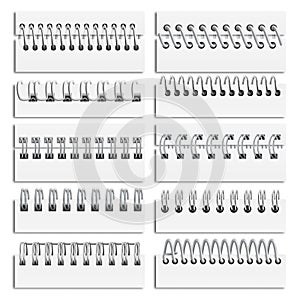 Isolated realistic notebook binding wire spirals in paper holes. Calendar and scrapbook album metal rings. Page iron