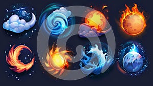 Isolated realistic set of weather meteo icons. Elements for weather forecast, cyclone with spiral clouds, lunar eclipse