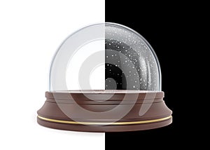 Isolated realistic transparent glass sphere on wood stand. Decorative crystal globe, festive element. Magic toy, office