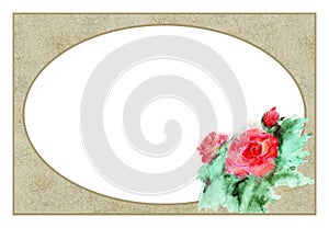 An isolated rectangular frame with watercolor red roses and an internal oval. Golden contour and antique texture.