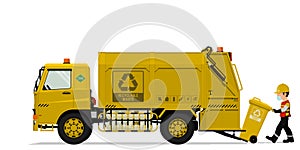 Isolated recyclable garbage truck and the keeper on transparent background