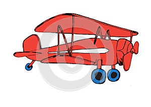 Isolated red airplane with blue wheels. illustration