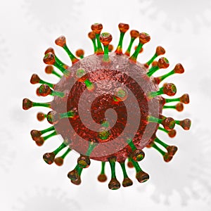 Isolated red based coronavirus enlarged detailed view as 3D illustration on white background.