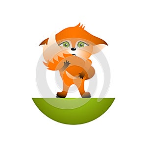 Isolated red cartoon fox cub on white background. Orange afraid frendly fox. Wild animal funny personage.