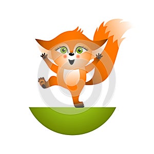 Isolated red cartoon fox cub on white background. Orange happy frendly fox. Wild animal funny personage.