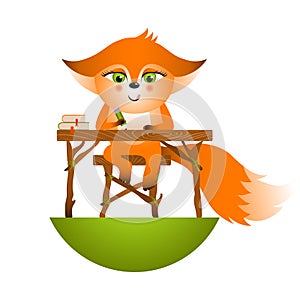 Isolated red cartoon fox cub on white background. Sitting in the school desk frendly orange fox. Wild animal funny personage.