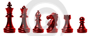 Isolated red chess set chess piece king, queen, bishop, knight horse, rook, pawn on white background. business, competition,