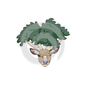 Isolated Red deer with green forest on his antlers in Cartoon style, vector head of wild deer and woods on white isolated