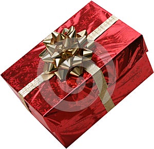 Isolated red gift with Gold Bow and Ribbon