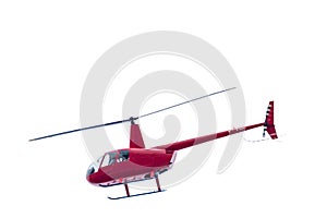 Caged red helicopter on white background
