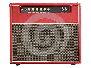 Isolated red leather and brown control panel vintage electric guitar USA style boutique amplifier on white background
