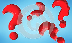 Isolated red question marks forming human faces in profile. 3d illustration