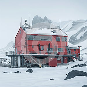 Isolated Red Research Station in Snowy Landscape